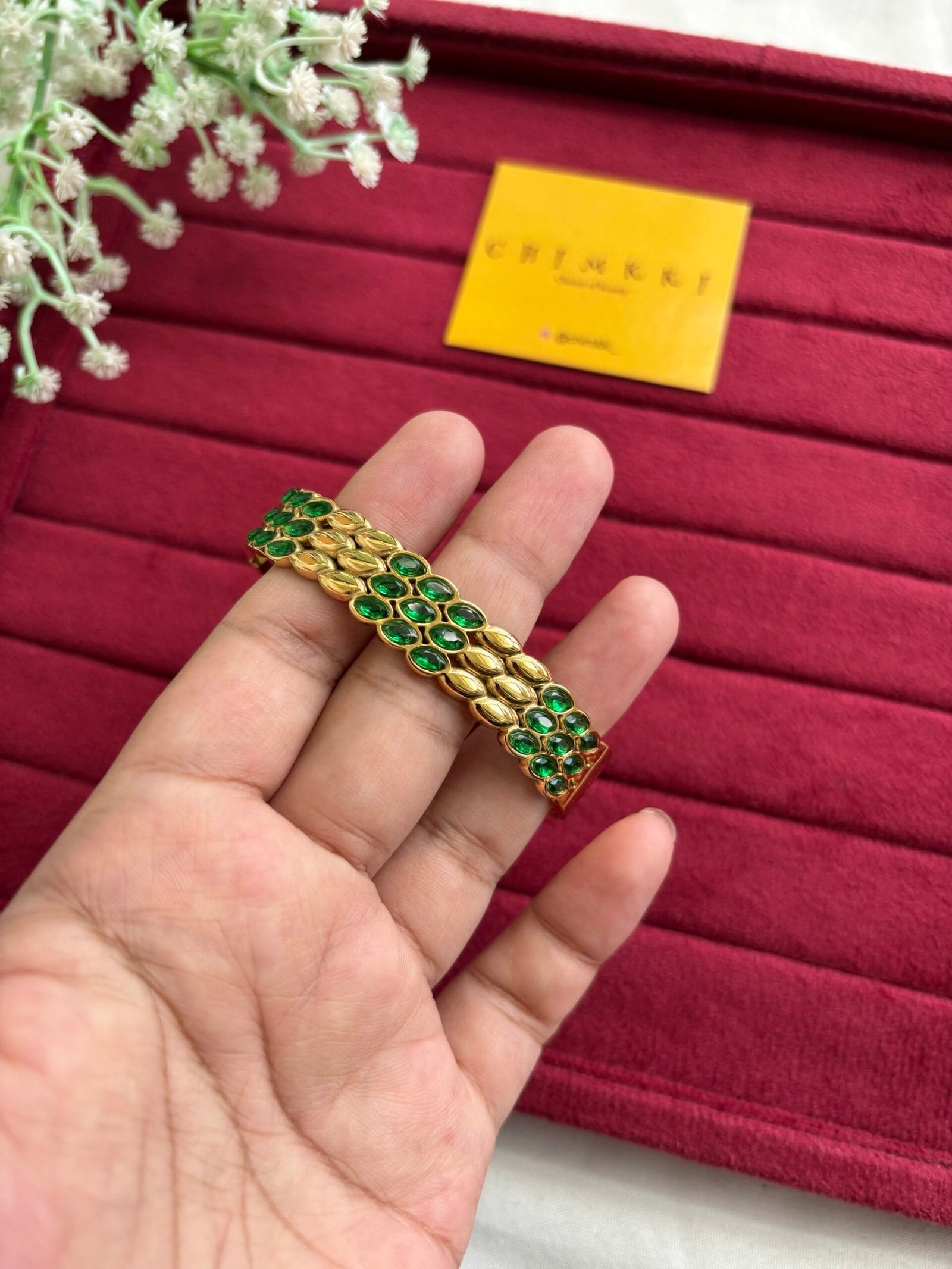 img_7946 Beautiful Green stone Golden Open bangle - Image 1