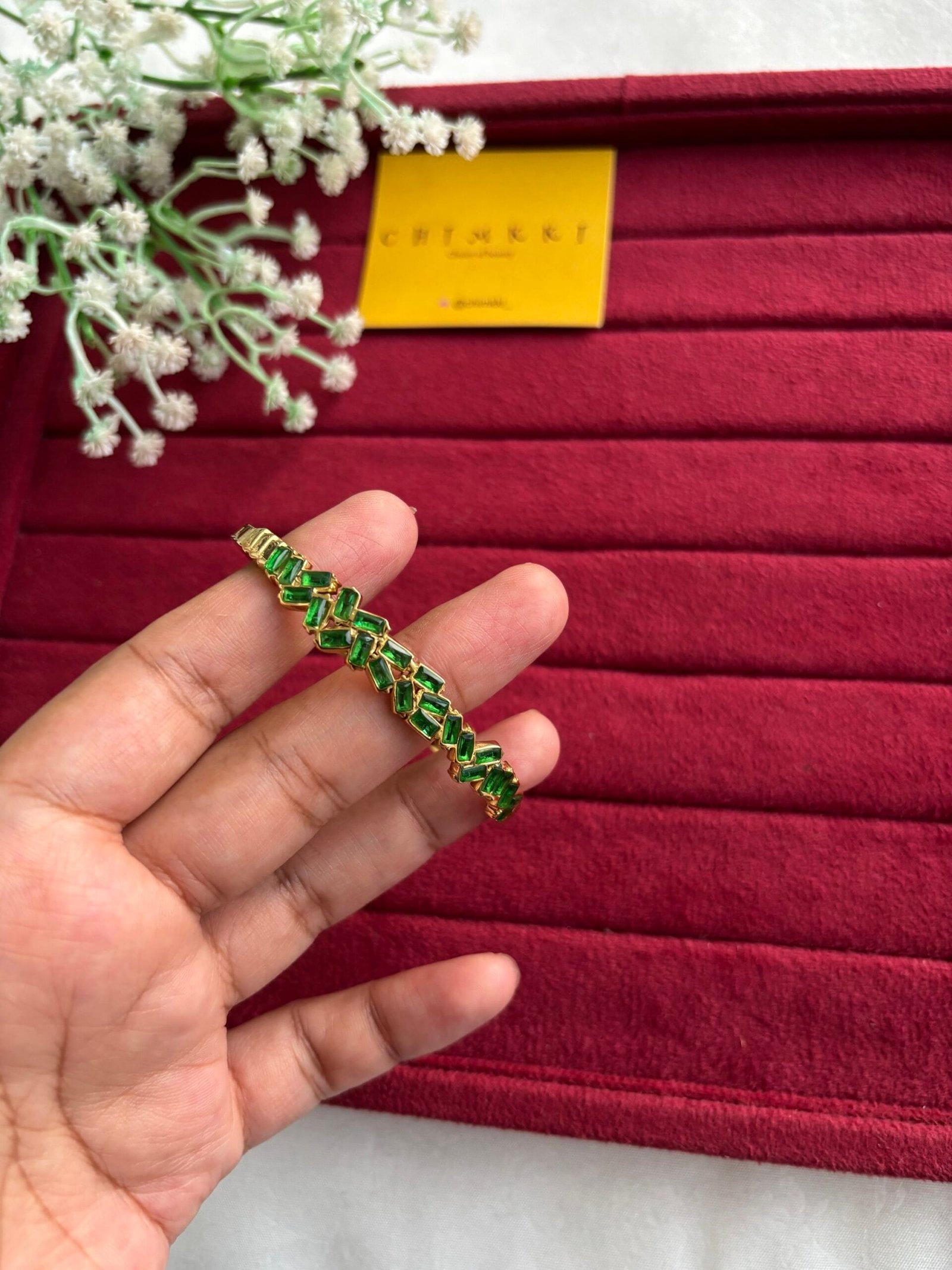 img_9590-2 Beautiful Green Emerald stone Golden Open Bangle✨ - Image 1